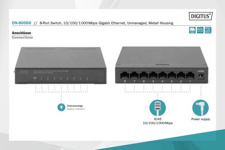 Image du produit Digitus Commutateur Gigabit 8 ports, bureau, Unmanaged, boîtier en métal (8 Ports)