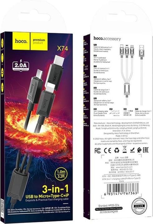 Actual product image Hoco Cable cable 3in1 USB A to Lightning / Micro USB / Type C 2A X76 1 m black (1 m)