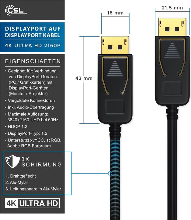 Produktbild CSL DisplayPort Kabel 4k 60Hz Ultra HD - DisplayPort 1.2 zu DP 4K 1.2 inkl. Audio-Übertragung (3 m, DisplayPort)