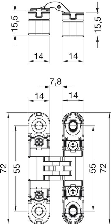 Actual product image Krona Koblenz Kubikina K6100 HD inlet hinge, 72x14 mm, ÖW 180°, Zamak chrome matt