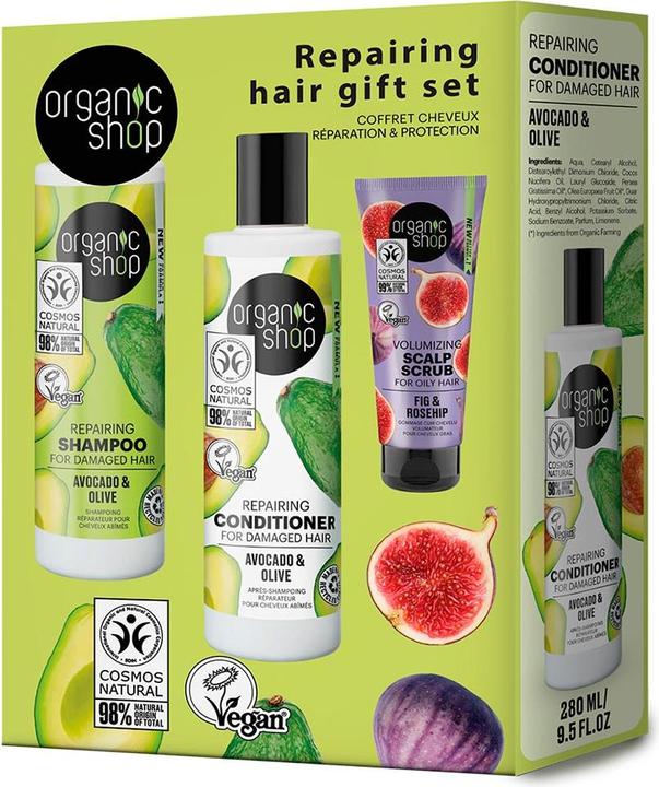 Organic Shop Avocado-Shampoo 280ml, Avocado-Spülung 280ml, Feigen-Peeling 75ml (Flüssiges Shampoo)