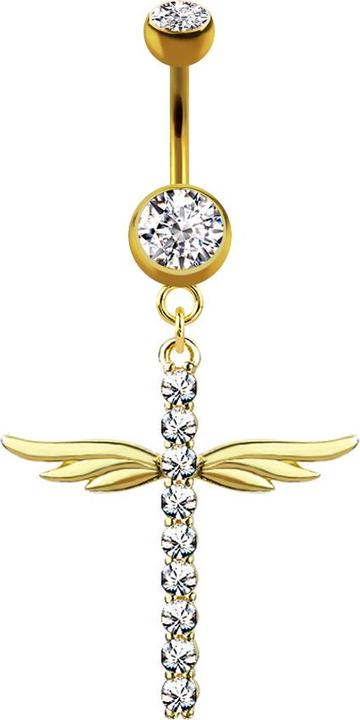 Produktbild Star Piercing Banane 14k vergoldet mit Anhänger Kreuz mit Flügel und Kristallen (Chirurgenstahl 316L, Messing)