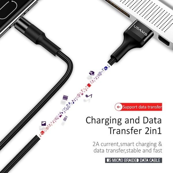 Image du produit Usams US-SJ221 U5 Braided Wire USB to Type-C Data & 2A Charger Round Plug Cable 1.2m Juodas (1.20 m, USB 2.0)