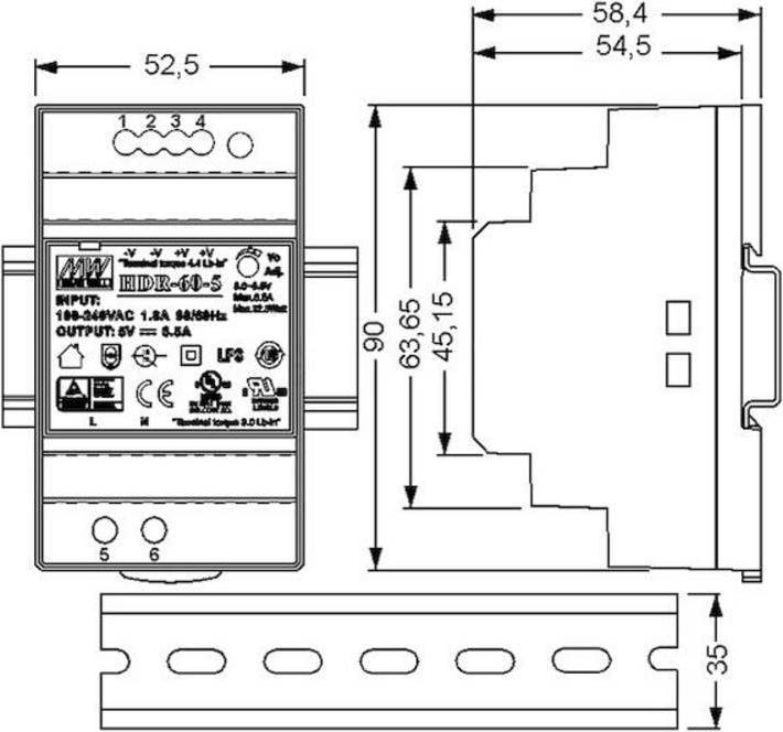 Produktbild MeanWell Hutschienen Netzteil (DIN Rail) 12 V/DC 4.5 A 54 W 1 x