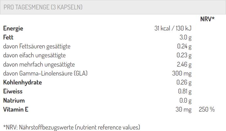 Valeurs nutritives et ingrédients B'Onaturis huile d'onagre caps (180 pièce(s), Capsules, 500 g)