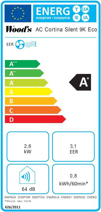 Label énergétique Wood's AC Cortina 9K Eco (31 m², 9000 BTU/h)
