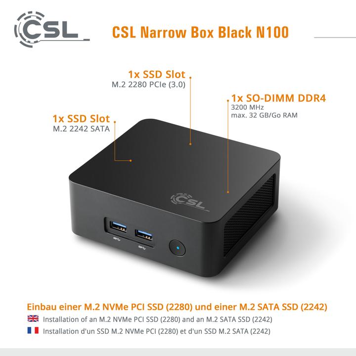 Immagine prodotto CSL Mini-PC Narrow Box Nero / 16GB / 1000 GB M.2 SSD / Win 11 Home (Intel N100, 16 GB, 1000 GB, Grafica Intel UHD)