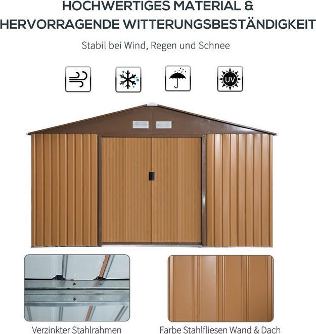 Produktbild Swisshandel24 Gerätehaus mit Bodenplatte Geräteschuppen Gartenhaus Garten Schuppen Metall Braun 340 x 386 x 200 cm