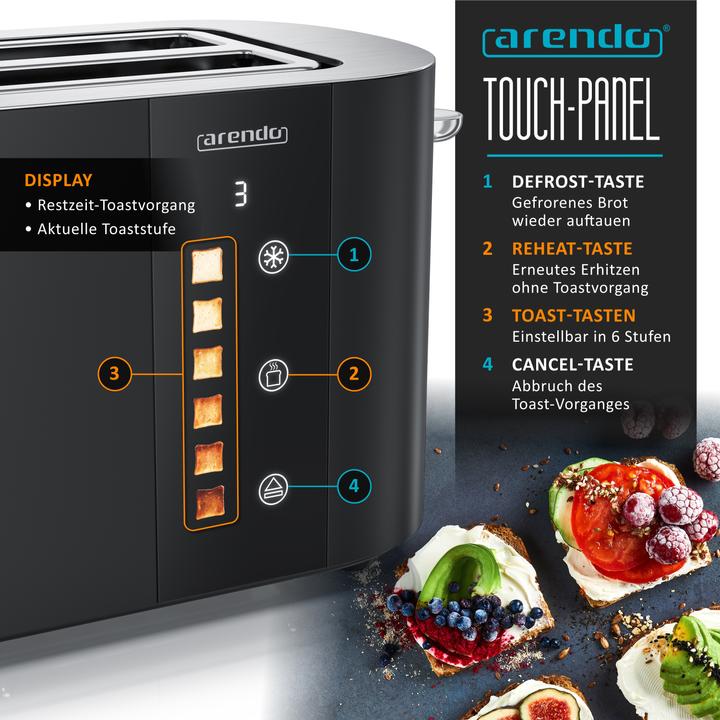 Immagine prodotto Arendo Toaster Edelstahl 4 Scheiben Langschlitz, Restzeit & Bräunungsgradanzeige, Touch Display, 1500 W