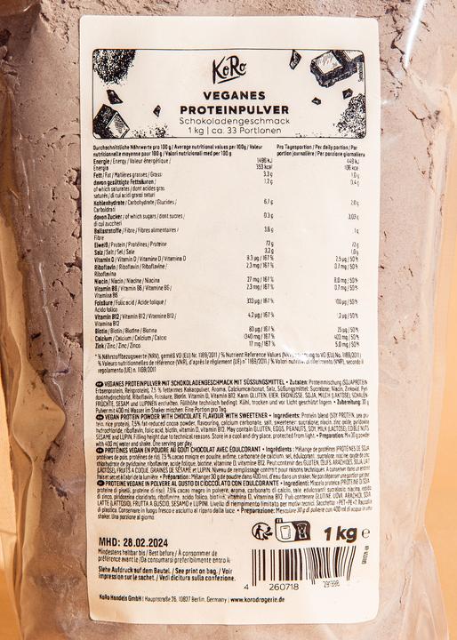 Nährwerte und Zutaten KoRo Veganes Proteinpulver (Schokolade, 1 Stk., 1000 g)