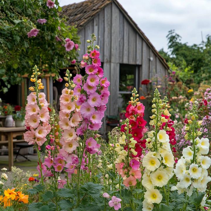 Immagine prodotto Plant in a Box Alcea rosea 'Spring celebrities' Rosso cremisi, limone, viola - Miscuglio di 6 piante (25 cm)