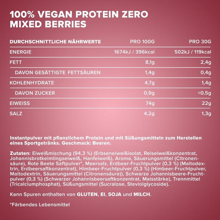 Nährwerte und Zutaten IronMaxx 100% Vegan Protein Zero (Mixed berries, 1 Stk.)