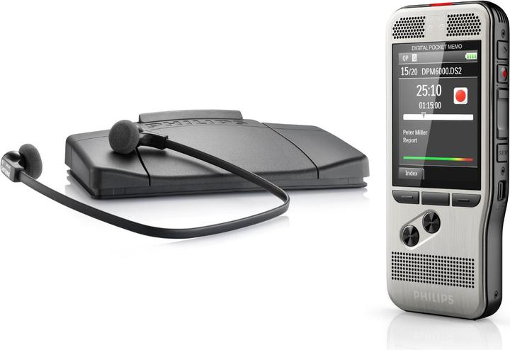 Akku, Diktiersoftware SpeechExec, Schutzhülle, Speicherkarte, USB Kabel, Stereo-Kopfhörer LFH0334, Fussschalter LFH2330, SpeechExec Transkriptionssoftware