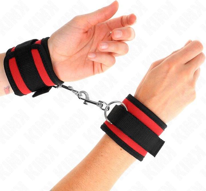 Image du produit Kink Nylon Bind-Hand Menottes Avec Velcro Rouge-Noir Modèle 2 Réglable 18-35 cm X 6