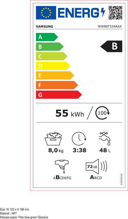 Energie-Label Samsung Autodose 6000 Series WW80T534AAX/S2 Waschmaschine Freistehend Frontlader B (8 kg, Links)