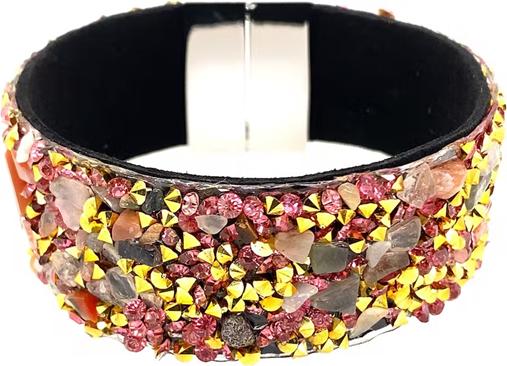 Actual product image Signé Signè Bracelet Leather with Stones & Synthetic Crystals Pink & Metal Cone Gold No.9 (18.50 cm, Metal, Glass, Brass, unleaded, Cadmium-free, synthetic crystals, Nickel-free)
