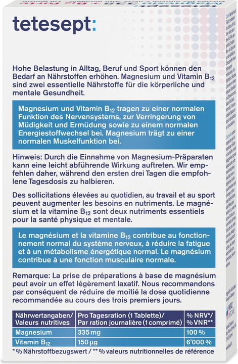 Valori nutrizionali e ingredienti Tetesept Magnesium 335 + B12 forte (32 Pezzo/i, Pillole, 336 g)