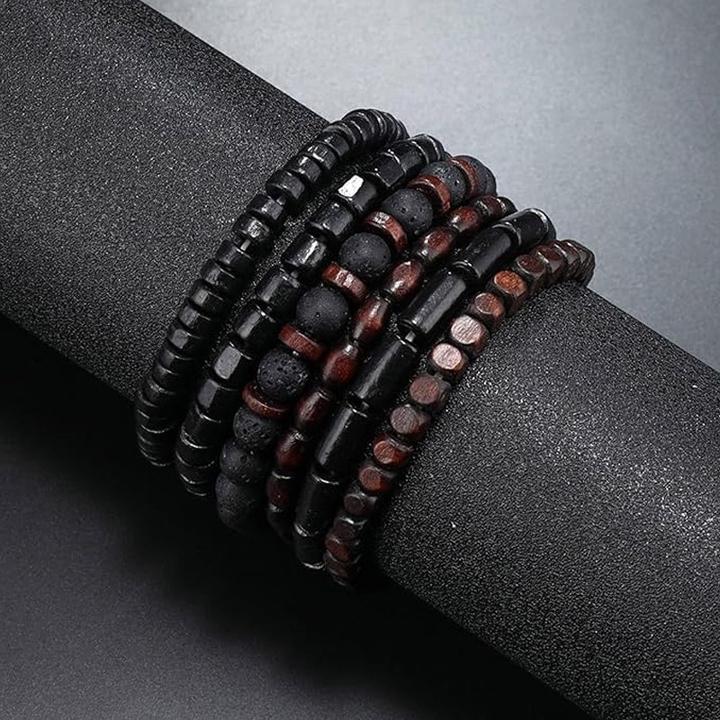 Produktbild Cbx Elastisches Perlen Armband Set Lavastein und Vintage-Holzperlen