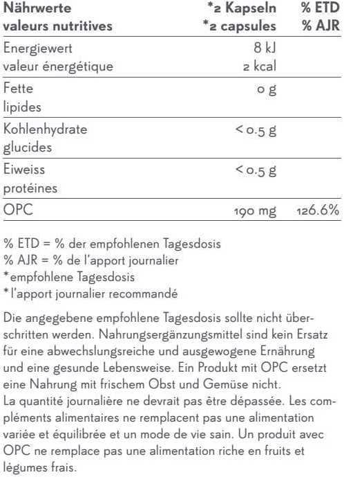 Valeurs nutritives et ingrédients Phytopharma Opc (100 pièce(s), Capsules, 80 g)