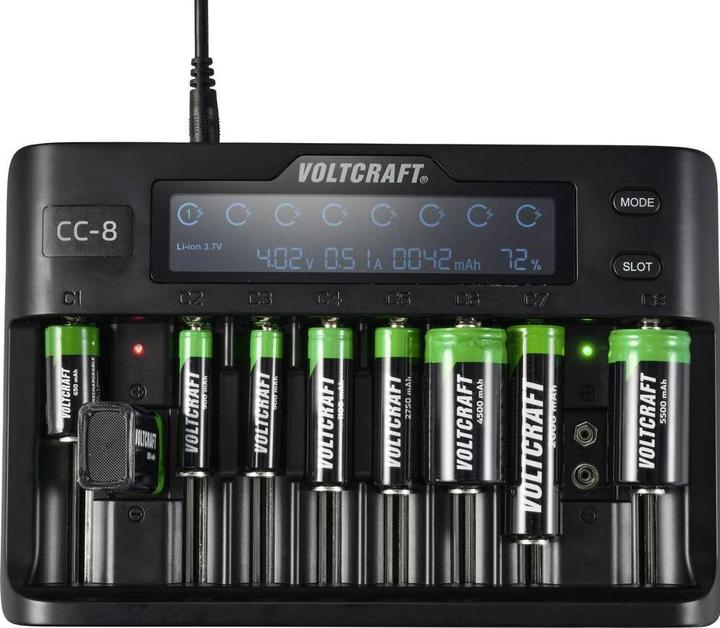 Produktbild Voltcraft CC-8 Rundzellen-Ladegerät (1 Stk., 10340, 14500, 16340, 17500, 17650, 18490, 18500, 18650, 21700, 22650, 26500, 26650, AAA, A, AA, Sub-C, 9V Block, Ladegerät ohne Akku)