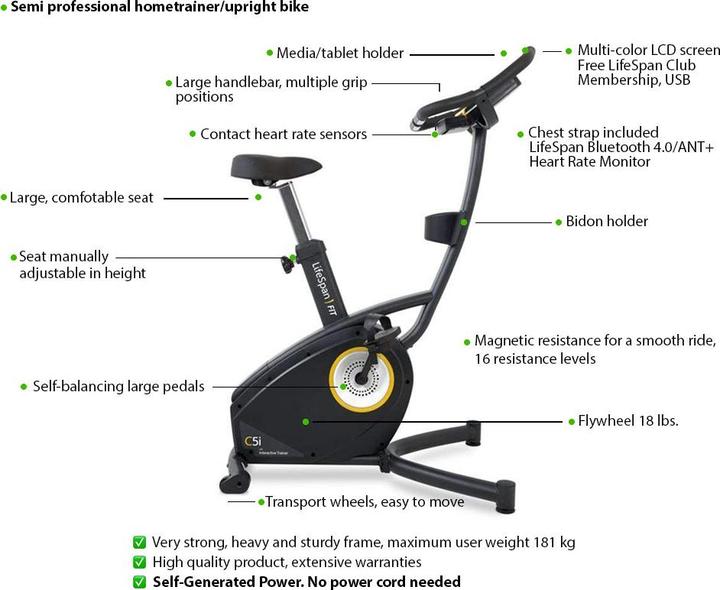 Actual product image Lifespan Europe Semi-professional bike "Hometrainer Upright Bike C5i Self-Generating" LifeSpan Fitness