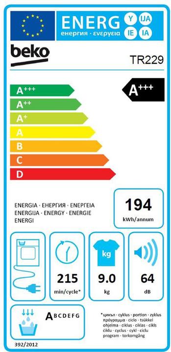 Label énergétique Beko Wäschetrockner TR229 (9 kg)