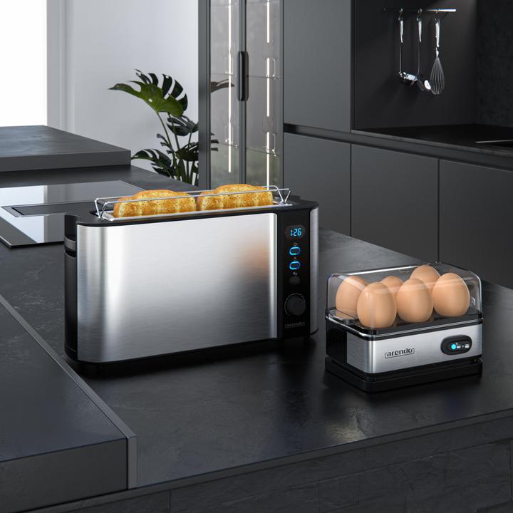 Actual product image Arendo Breakfast set, 2-slice long slot toaster with bread roll top & egg cooker for 6 eggs, silver