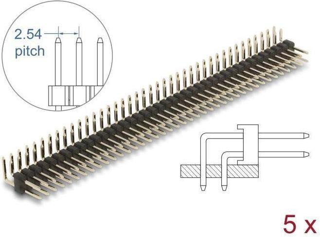 Image du produit Delock Connecteur mâle 40 broches, pas de 2,54 mm, 2 rangées, coudé, 5 pièces