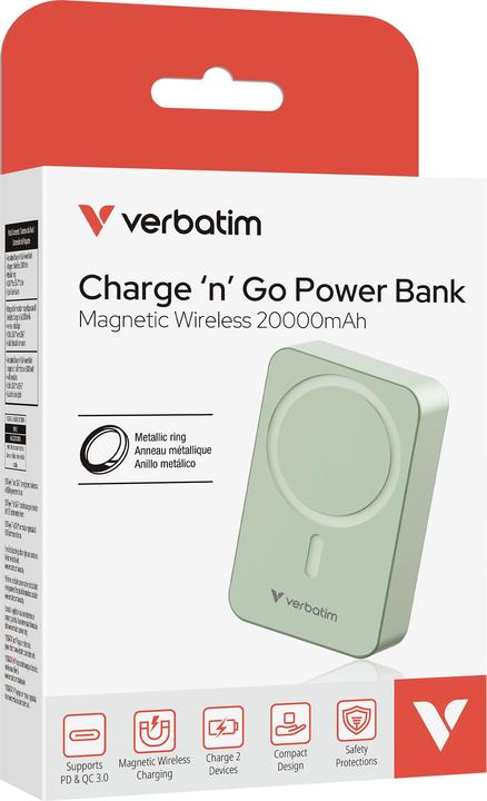 Image du produit Verbatim Charge 'n' Go Essentials Power Bank Magnetic Wireless 20000mAh Green (20000 mAh, 50 W, 50 Wh)