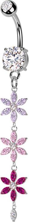 Produktbild Star Piercing Banane silber mit zwei Kugeln Kristall silber Anhänger drei farbige Kristallblumen (Messing, Chirurgenstahl 316L)