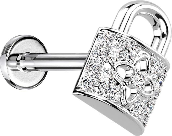 Actual product image Star Piercing Micro Labret internal thread silver lock with crystals silver (Brass, Surgical steel 316L)