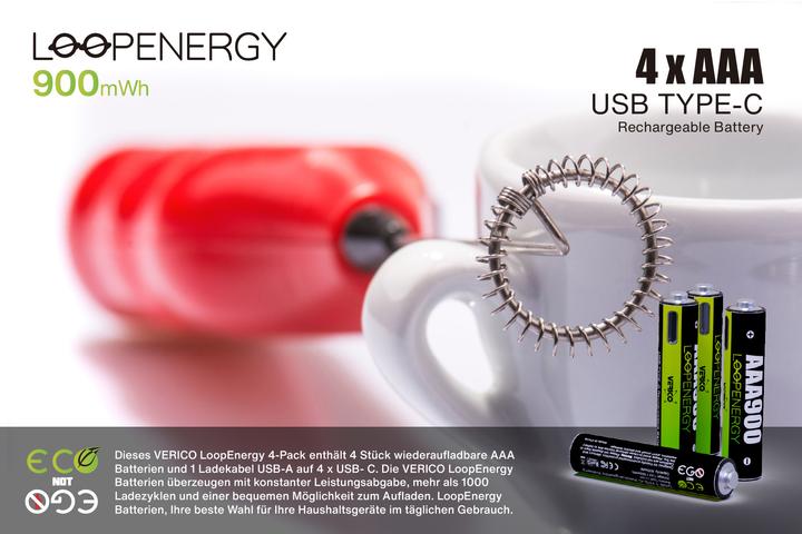 Produktbild Verico Li-Ion USB-C Micro AAA-Akku 1.5V 900mWh 600mAh ladbar per USB (4 Stk., AAA, 600 mAh)