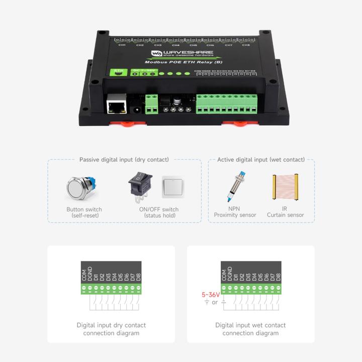 Image du produit WaveShare Relais 8 canaux (B) Module Ethernet PoE Protocole RTU/Modbus TCP
