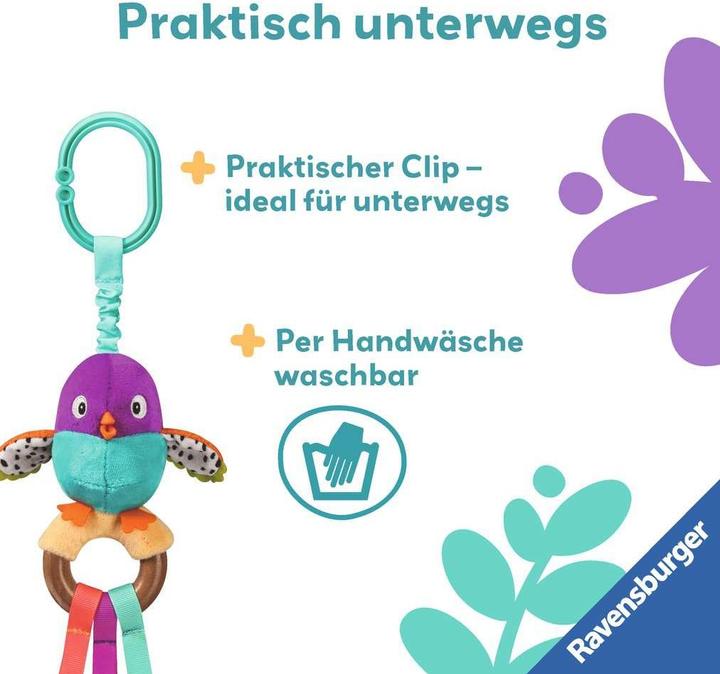 Produktbild Ravensburger 4853 play+ Zwitscher-Vogel, Holz-Greifling, Kuscheltier mit Zwitscher-Bauch