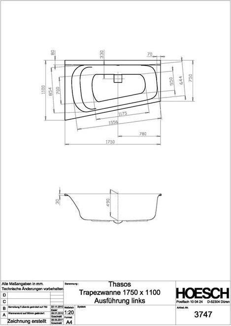 Image du produit Hoesch Baignoire trapézoïdale THASOS 1750x1100x490mm li we (280 l, 175 cm, 110 cm)