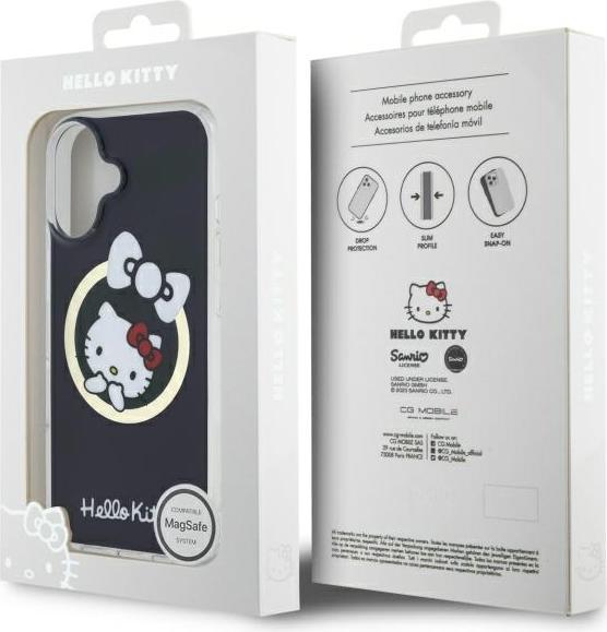 Immagine prodotto Hello Kitty HKHMP16SHFLBK Custodia rigida per iPhone 16 6,1" in pelle nera IML Fun bow Magsafe (Apple iPhone 16)