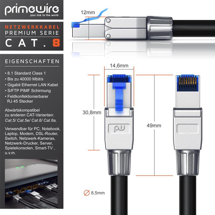 Image du produit Primewire Câble LAN CAT.8, RJ-45, Câble réseau CAT 8, Gigabit Ethernet 40 Gbit/s, S/FTP Pimf Patchkabel (S/FTP, CAT8.1, 7.50 m)