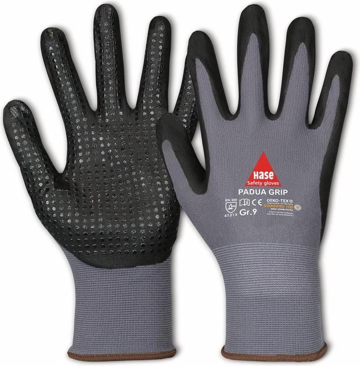 Hase Safety Gloves Work gloves with knobs, Padua Grip, EN 388, EN 420, size 10, grey/black (10)