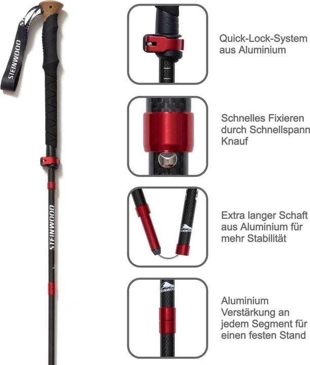 Immagine prodotto Steinwood Carbon Wanderstöcke, Leicht, Verstellbar, mit Gummipuffern und Tragebeutel, Faltbar 135cm (115 - 135 cm)