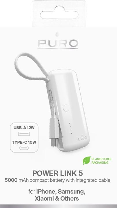 Actual product image SBS Puro Powerbank 5000mAh with integrated USB-C cable, white (5000 mAh)