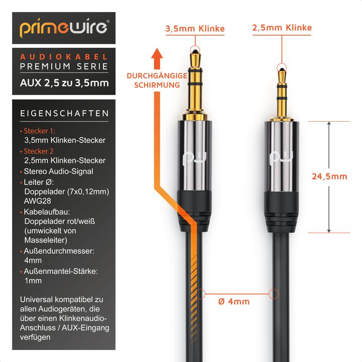 Produktbild Primewire 2,5mm Klinke zu 3,5mm Klinke Audio Kabel, AUX, HiFi Audio Adapter Klinkenkabel / Verbindungskabel (1.50 m, 3.5mm Klinke (AUX))