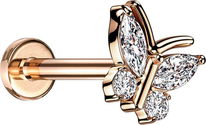 Produktbild Star Piercing Micro Labret Innengewinde rosegold Schmetterling vier Kristalle silber (Messing, Chirurgenstahl 316L)