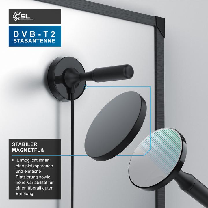 Immagine prodotto CSL Antenna a stilo DVB-T2 per uso interno, antenna digitale con cavo da 4 m / adattatore F-plug incluso (Antenna a stilo, 5 dB, DVB-T / -T2)