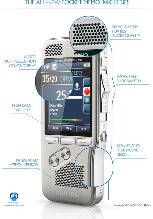 Actual product image Philips DPM8000 Pocket Memo (incl. software, international slide switch) (4 GB)