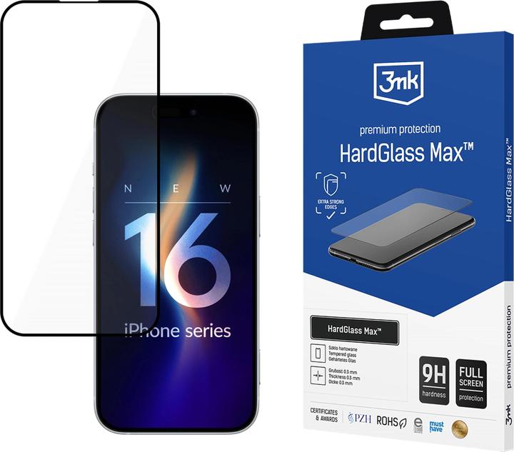 3MK HardGlass Max iPhone 16 6.1" czarny/nero, vetro a schermo intero (1 Pezzo/i, Apple iPhone 16)