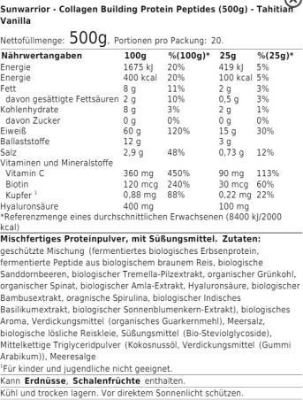 Nutritional values and ingredients Sunwarrior Collagen Building Protein Peptides Tahitian Vanilla (1 Piece, Powder, 500 g)