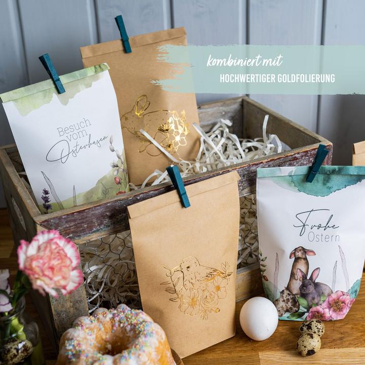 Actual product image Papierdrachen 12 Easter Printed Gift Bags - Watercolour with Gold Foiling -Set 8 (Gift bag, 12 x)