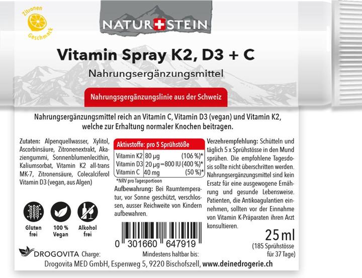 Valori nutrizionali e ingredienti Naturstein Vitamin K2 D3 + C (1 Pezzo/i, Getto vaporizzato, 42 g)