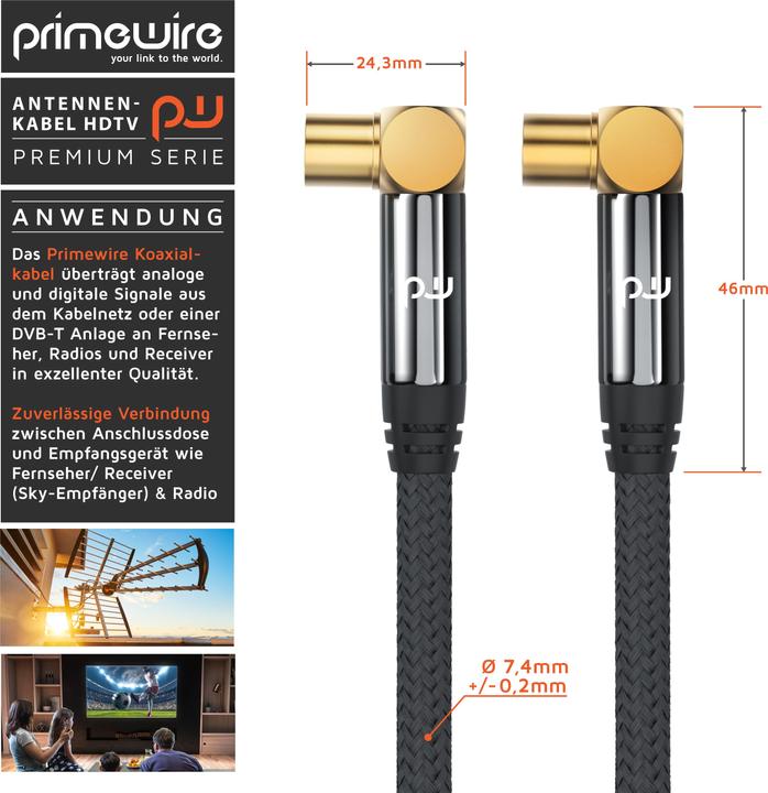 Image du produit Primewire Câble d'antenne HDTV coudé avec braiding, Câble coaxial Premium 135dB / 75 Ohm, Câble TV, 4K HDTV (135 dB, Câble d'antenne)