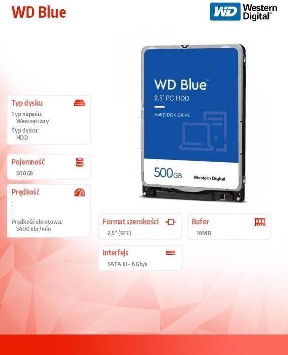 Actual product image WD Blue Mobile 500GB HDD 5400rpm SATA serial ATA 6Gb/s 128MB cache 6.4cm 2.5" RoHS compliant internal (0.50 TB, 2.5", SMR)
